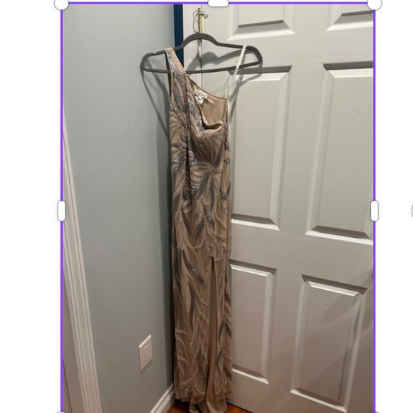 Aidan Mattox One Shoulder Beaded Slit Gown in Nude - Picture 5 of 6